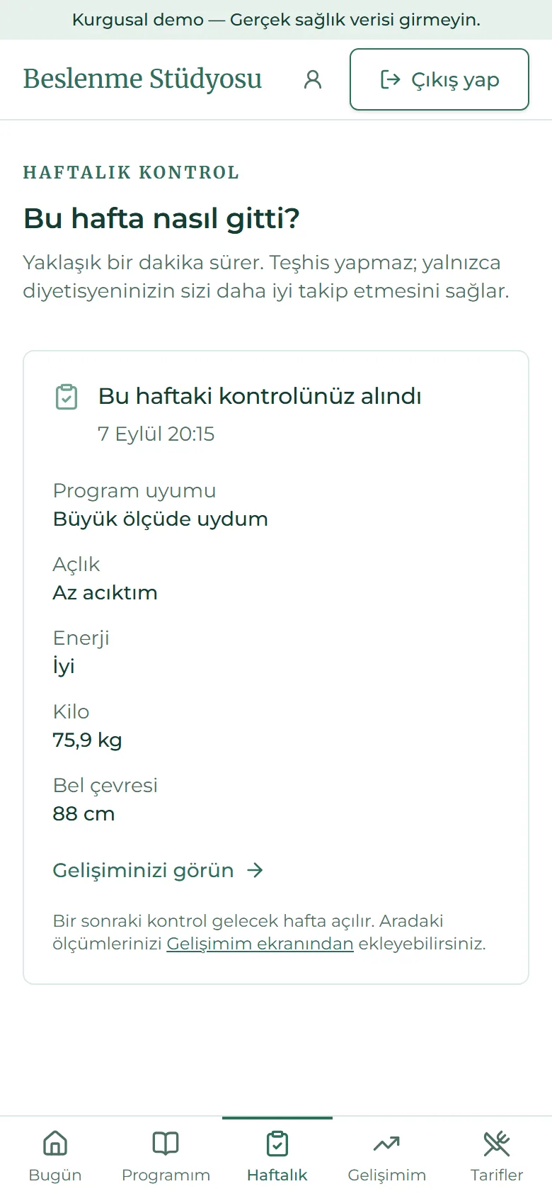 Portalın Haftalık kontrol ekranı: uyum, açlık ve enerji yanıtlarıyla gönderilmiş kontrol özeti