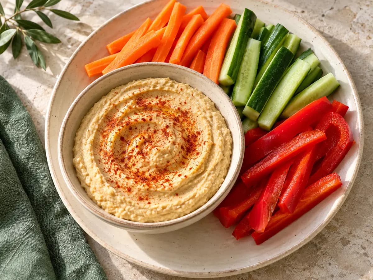 Humus ve renkli sebze tabağı için temsili sunum görseli