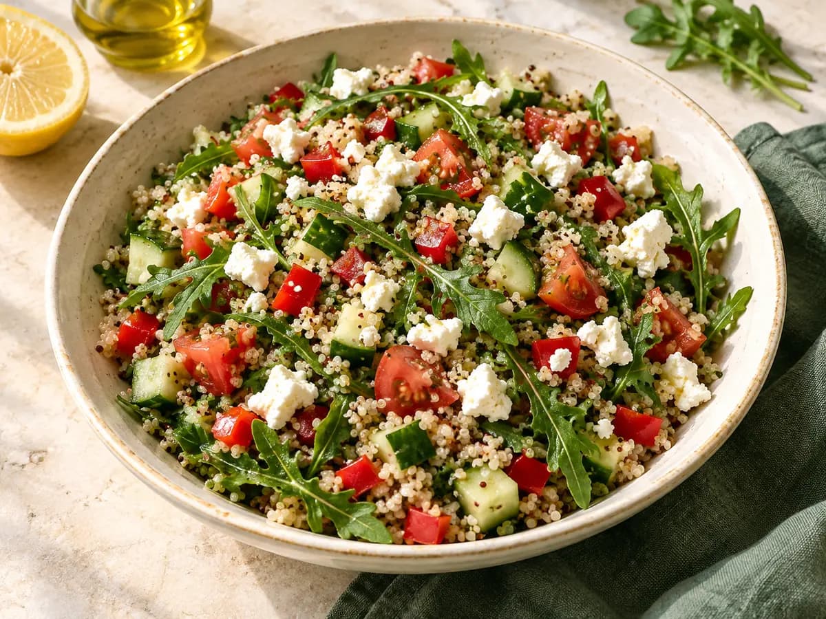 Kinoalı roka salatası için temsili sunum görseli