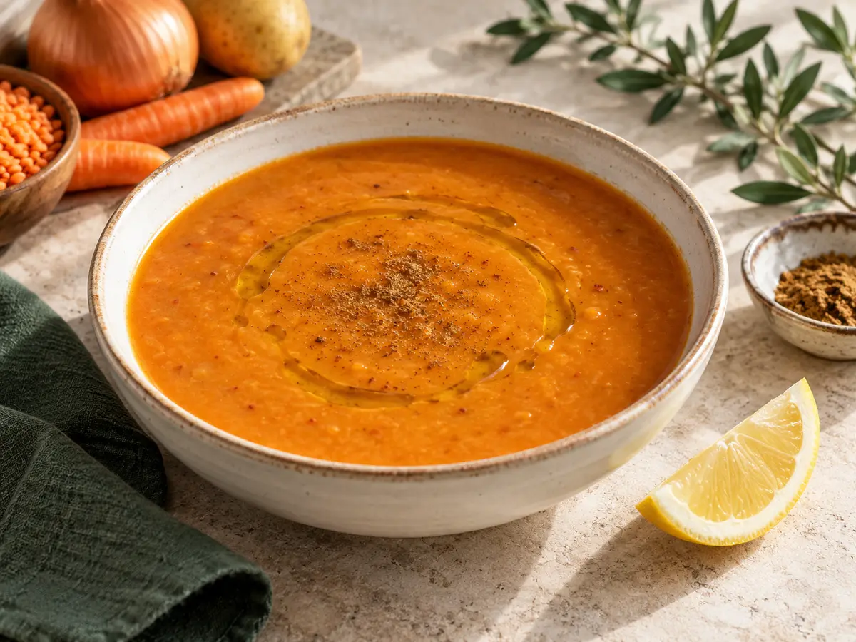 Kırmızı mercimek çorbası için temsili sunum görseli