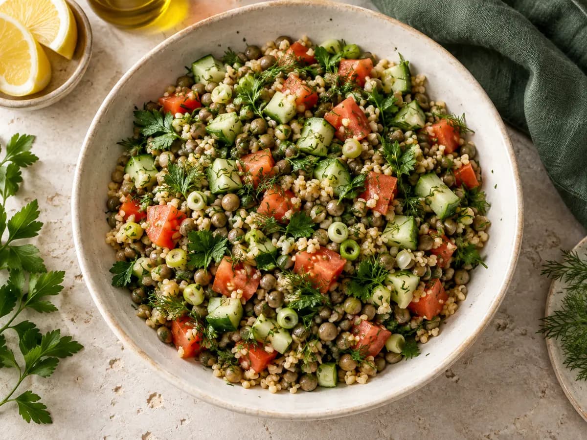 Yeşil mercimekli bulgur salatası için temsili sunum görseli